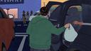 An illustration of a person in a green sweatshirt handing a grocery bag to someone in a car as ICE agents stand in front of a grocery store. An illustration of a person in a green sweatshirt handing a grocery bag to someone in a car as ICE agents stand in front of a grocery store.