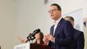 Gov. Josh Shapiro speaks at a news conference, highlighting child care recruitment and retention bonuses that were passed as part of the 2025-26 state budget.