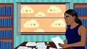 An illustration of a woman reviewing documents in a library with text bubble clouds outside the window. An illustration of a woman reviewing documents in a library with text bubble clouds outside the window.