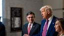 President Donald Trump and Speaker of the House Mike Johnson (R., La.) speak to members of the media at the U.S. Capitol in Washington, D.C., Tuesday, May 20, 2025, before meeting with the House GOP Conference about passing Trump's budget bill.