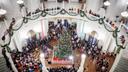 Gov. Josh Shapiro speaks during the 2025 Capitol Christmas tree lighting ceremony.