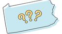 An outline of Pennsylvania with three question marks in the center