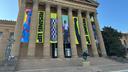 Banners for the "Rising Up: Rocky" exhibition hang outside of the Philadelphia Museum of Art in Philadelphia.