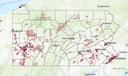 A map of Pennsylvania’s 2023 environmental justice areas highlighted in red.