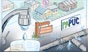 An illustration of water coming from a tap, houses, pipes, a Rock Spring Water Company sign, and a PUC sign.