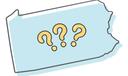 An outline of Pennsylvania with three question marks in the center