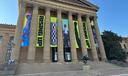 Banners for the "Rising Up: Rocky" exhibition hang outside of the Philadelphia Museum of Art in Philadelphia.
