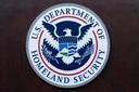 The seal of U.S. Department of Homeland Security is seen before a news conference at ICE Headquarters in Washington, May 21, 2025.