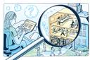An illustration of a person at a laptop looking at various facets of local government.