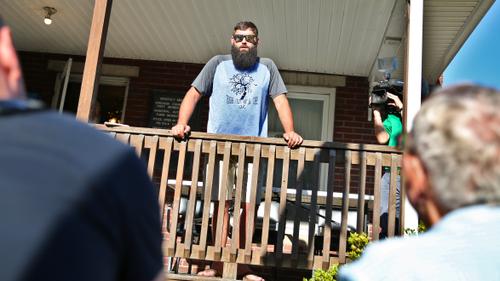Tioga Mayor David Wilcox speaks to residents from the porch of the municipal building on July 12, 2022. He insisted that several Borough Council members misled him on Loehmann’s hiring. Tioga Mayor David Wilcox speaks to residents from the porch of the municipal building on July 12, 2022. He insisted that several Borough Council members misled him on Loehmann’s hiring.