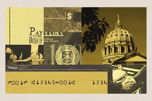 Photo illustration of the Capitol building, checks and bills, and their related iconography. Photo illustration of the Capitol building, checks and bills, and their related iconography.