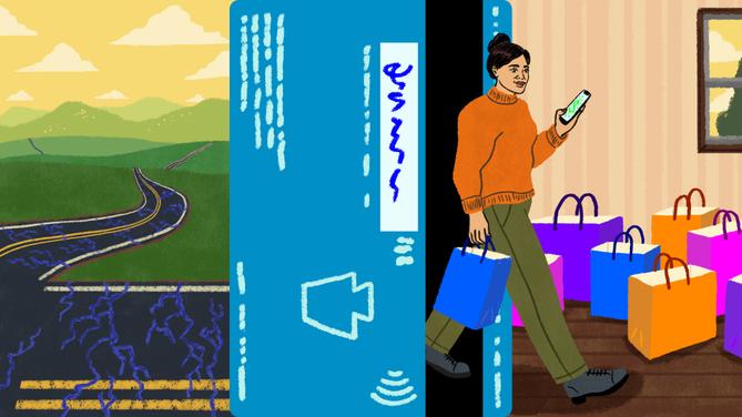 An illustration of a woman walking away from a crumbling road and out of a credit card with a phone in hand and shopping bags around. An illustration of a woman walking away from a crumbling road and out of a credit card with a phone in hand and shopping bags around.