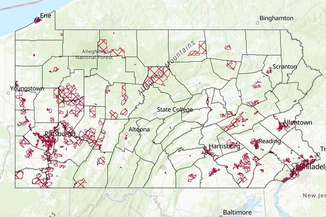 A map of Pennsylvania’s 2023 environmental justice areas highlighted in red. A map of Pennsylvania’s 2023 environmental justice areas highlighted in red.