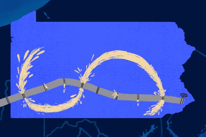 An illustration of the Mariner East II pipeline running across PA with drilling fluid leaks creating a dollar sign. An illustration of the Mariner East II pipeline running across PA with drilling fluid leaks creating a dollar sign.