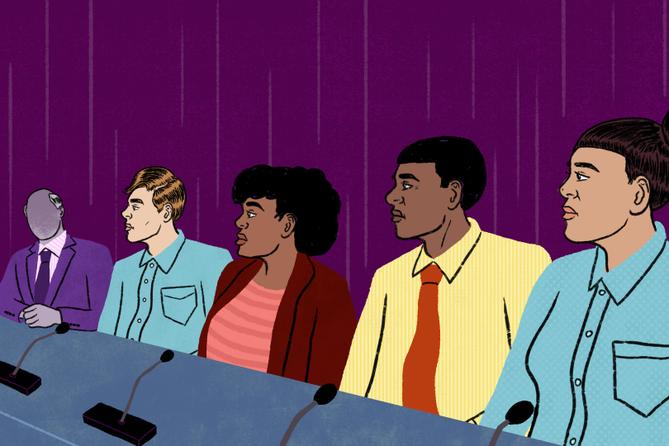 An illustration of four elected officials sitting at a table with a mystery person in the final seat. An illustration of four elected officials sitting at a table with a mystery person in the final seat.