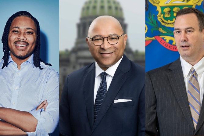 De izquierda a derecha: Diputado Estatal Malcolm Kenyatta; Auditor General de Pensilvania Tim DeFoor; Contralor del Condado de Lehigh Mark Pinsley. De izquierda a derecha: Diputado Estatal Malcolm Kenyatta; Auditor General de Pensilvania Tim DeFoor; Contralor del Condado de Lehigh Mark Pinsley.