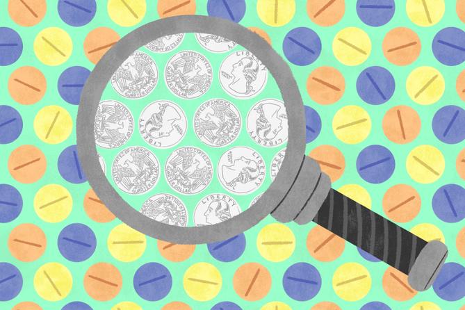 Illustration of a magnifying glass, showing pills changing to coins. Illustration of a magnifying glass, showing pills changing to coins.