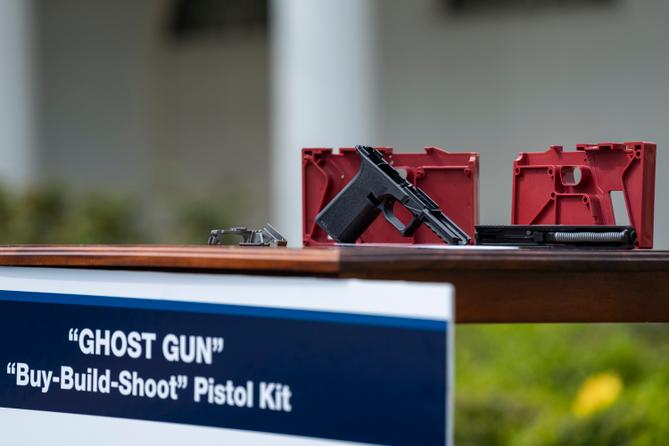 A "ghost gun" kit is displayed at the White House in 2022. A "ghost gun" kit is displayed at the White House in 2022.