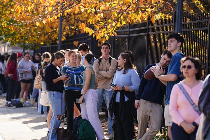 Students wait in line to vote Nov. 5, 2024, outside Kirby Sports Complex in Easton, Northampton County, Pennsylvania. Students wait in line to vote Nov. 5, 2024, outside Kirby Sports Complex in Easton, Northampton County, Pennsylvania.