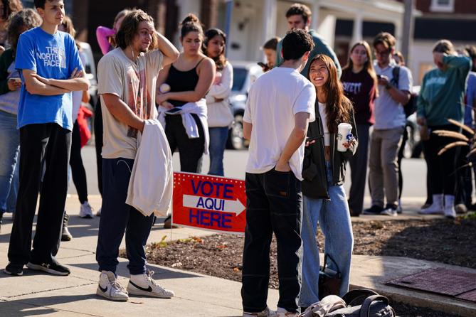Students wait in line to vote Nov. 5, 2024, outside Kirby Sports Complex in Easton, Northampton County, Pennsylvania. Students wait in line to vote Nov. 5, 2024, outside Kirby Sports Complex in Easton, Northampton County, Pennsylvania.