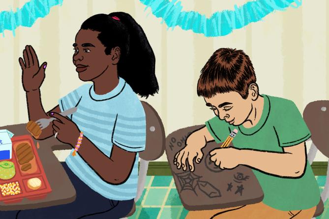 A student raises their hand in the classroom with a lunch tray in front of them while a student behind them, without food, draws on the desk. A student raises their hand in the classroom with a lunch tray in front of them while a student behind them, without food, draws on the desk.