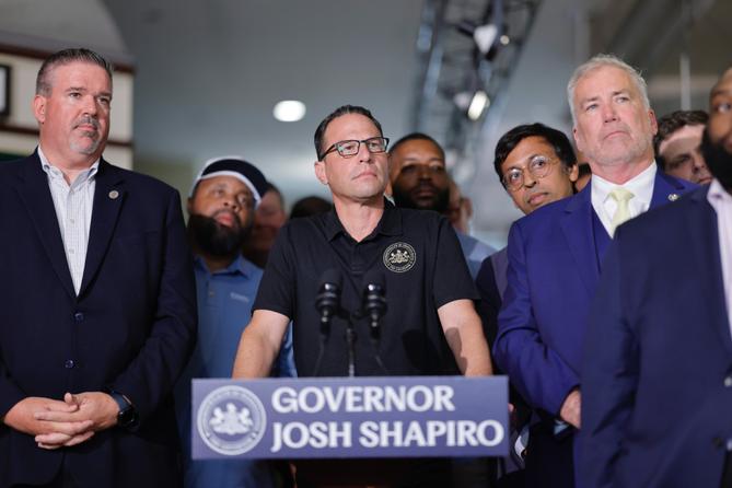 Gov. Josh Shapiro at an August 2025 news conference on public transit funding.