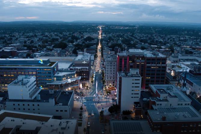 An aerial photo of downtown Allentown, Pennsylvania, at dusk. An aerial photo of downtown Allentown, Pennsylvania, at dusk.