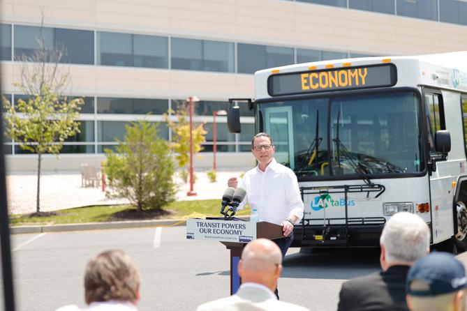 Gov. Josh Shapiro speaks in front of a bus from Lehigh Valley transit agency LANTA. Gov. Josh Shapiro speaks in front of a bus from Lehigh Valley transit agency LANTA.