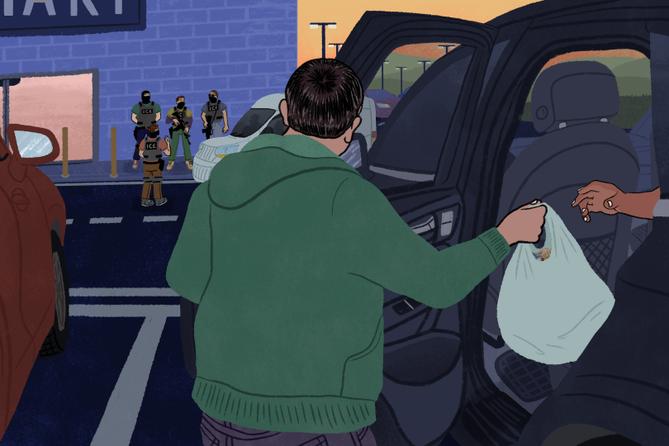 An illustration of a person in a green sweatshirt handing a grocery bag to someone in a car as ICE agents stand in front of a grocery store. An illustration of a person in a green sweatshirt handing a grocery bag to someone in a car as ICE agents stand in front of a grocery store.