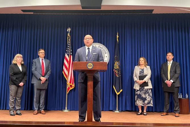 Pa. Auditor General Tim DeFoor announces the results of a review of the state's Motor Voter system in April, 2026.