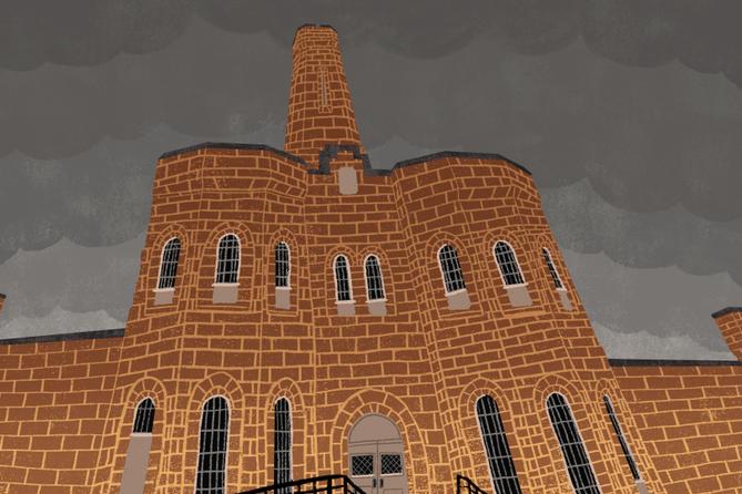An illustration of Blair County Prison with gray clouds in the background.