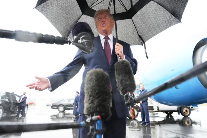 President Donald Trump speaks to the media after disembarking Air Force One at Reading Regional Airport, Tuesday, June 23, 2026.