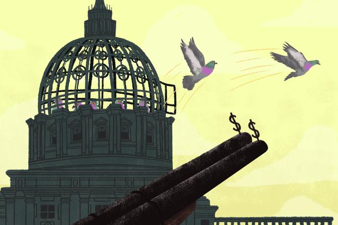 An illustration of a gun adorned with dollar signs aiming at pigeons flying from the Pa. Capitol. An illustration of a gun adorned with dollar signs aiming at pigeons flying from the Pa. Capitol.