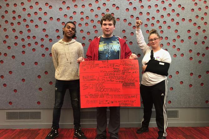 From left, Marshall Everett, Ed Peters, and Sabrina Herb protest the cuts to campus mental health services at HACC, Central Pennsylvania's Community College, on Oct. 23, 2019. From left, Marshall Everett, Ed Peters, and Sabrina Herb protest the cuts to campus mental health services at HACC, Central Pennsylvania's Community College, on Oct. 23, 2019.