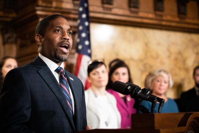 Micah Sims, executive director of Common Cause Pennsylvania, speaks at the Capitol during the signing of an election reform bill on Oct. 31, 2019. The group, which helped champion the state's 2006 lobbying law, was fined $19,900 for breaking it. Sims attributed the failure to technical difficulties. Micah Sims, executive director of Common Cause Pennsylvania, speaks at the Capitol during the signing of an election reform bill on Oct. 31, 2019. The group, which helped champion the state's 2006 lobbying law, was fined $19,900 for breaking it. Sims attributed the failure to technical difficulties.