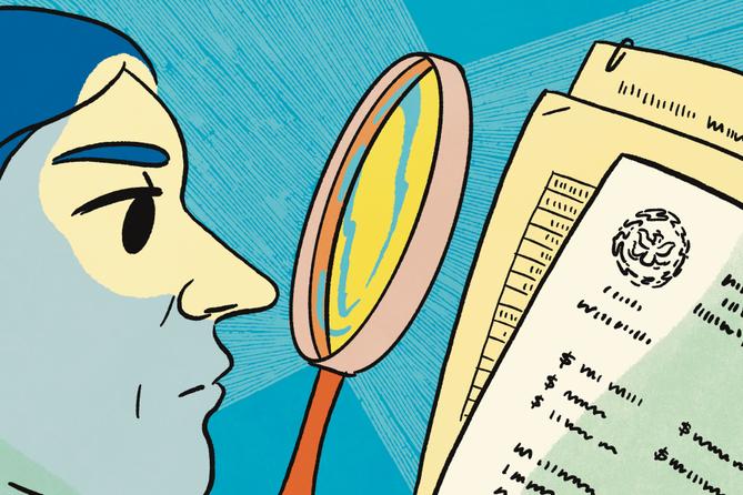 Man peering at documents through magnifying glass. Man peering at documents through magnifying glass.