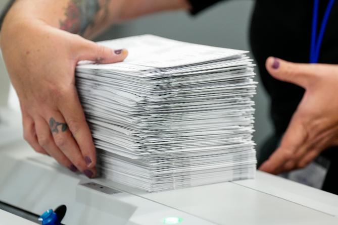Workers sort mail-in ballots Nov. 7, 2023, at Lehigh County Government Center in Allentown, Lehigh County, Pennsylvania.