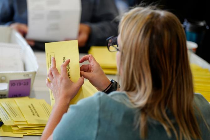Workers sort mail ballots Nov. 7, 2023, at Northampton County Courthouse in Easton, Northampton County, Pennsylvania. Workers sort mail ballots Nov. 7, 2023, at Northampton County Courthouse in Easton, Northampton County, Pennsylvania.