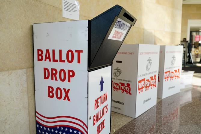 A mail ballot drop box is displayed Nov. 7, 2023, at Northampton County Courthouse in Easton, Pennsylvania. A mail ballot drop box is displayed Nov. 7, 2023, at Northampton County Courthouse in Easton, Pennsylvania.