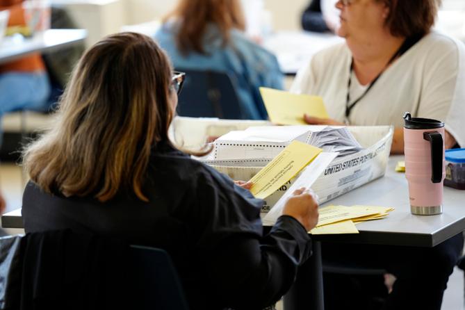 Workers sort mail ballots on Nov. 7, 2023, at Northampton County Courthouse in Easton, Pennsylvania. Workers sort mail ballots on Nov. 7, 2023, at Northampton County Courthouse in Easton, Pennsylvania.