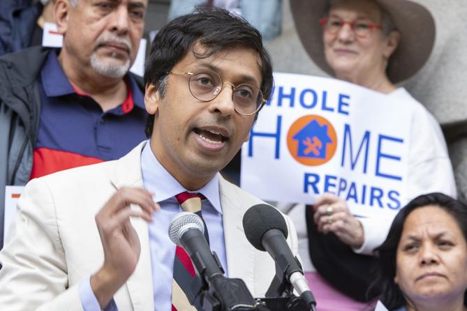 State Sen. Nikil Saval at a rally for permanent funding of the Whole-Home Repairs program in Lancaster, April 21, 2023. State Sen. Nikil Saval at a rally for permanent funding of the Whole-Home Repairs program in Lancaster, April 21, 2023.