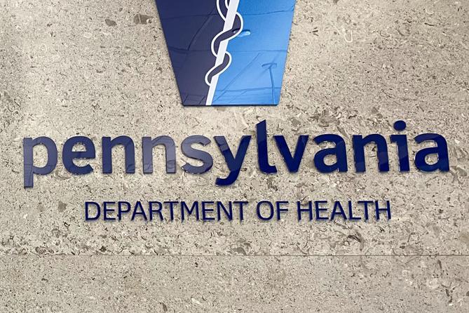 Pennsylvania Department of Health logo on the outside of its main building. Pennsylvania Department of Health logo on the outside of its main building.