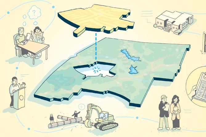 Illustration of a piece of land fitting into another like a puzzle with various icons around it.