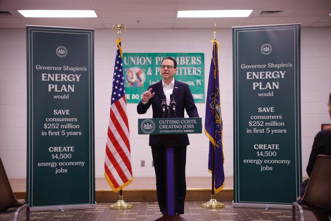 Pa. Gov. Josh Shapiro at a hydrogen hub meeting. Pa. Gov. Josh Shapiro at a hydrogen hub meeting.