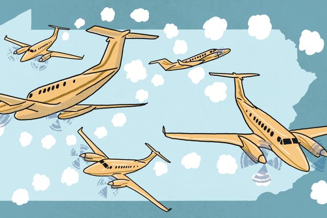 An illustration of planes flying across Pennsylvania. An illustration of planes flying across Pennsylvania.