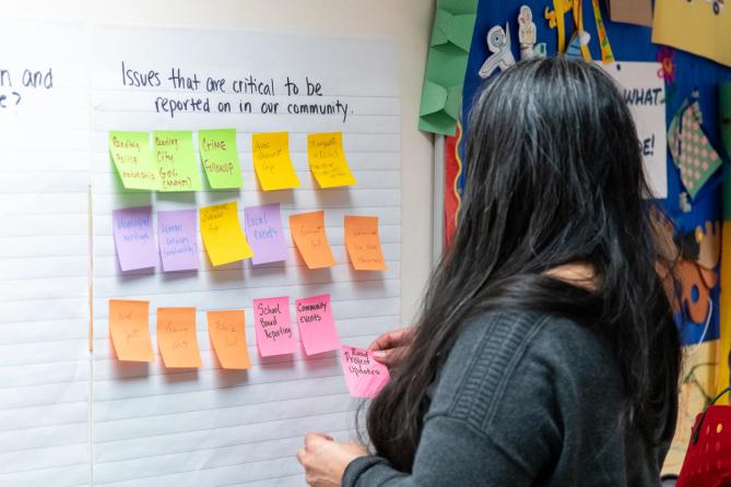 Listening session participant looking at a wall with sticky notes holding a pink sticky note with the words road, project, updates written on it.