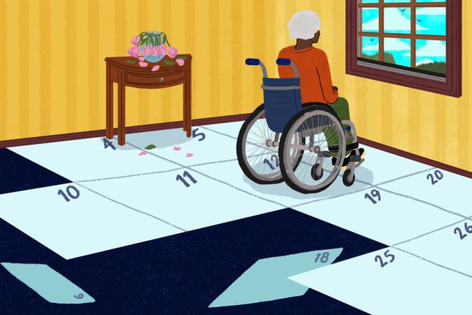 Illustration of an older person looking outside a window as days go by. Illustration of an older person looking outside a window as days go by.