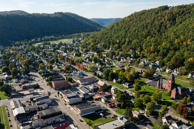 Emporium, the county seat of Cameron County, Pennsylvania, as seen from above. Emporium, the county seat of Cameron County, Pennsylvania, as seen from above.