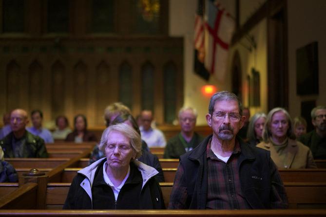 Pat, left, and Joe Weaver sit in meditation during a weekly "Contemplative Citizenship" service at St. James Episcopal Church in Lancaster, PA. Pat, left, and Joe Weaver sit in meditation during a weekly "Contemplative Citizenship" service at St. James Episcopal Church in Lancaster, PA.