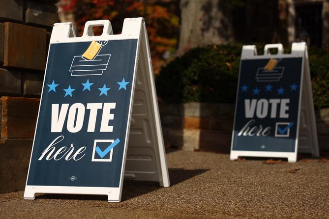 “Vote Here” signs at Temple Sinai in the Squirrel Hill neighborhood of Pittsburgh, PA, on Election Day, Nov. 5, 2024. “Vote Here” signs at Temple Sinai in the Squirrel Hill neighborhood of Pittsburgh, PA, on Election Day, Nov. 5, 2024.